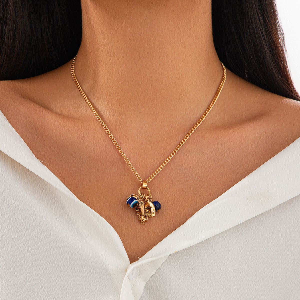Collana Minimalista con Conchiglia e Pesce Ispirata all'Oceano con Ciondolo Occhio Mano di Buddha in Lega e Acrilico con Finitura Placcata per Donna