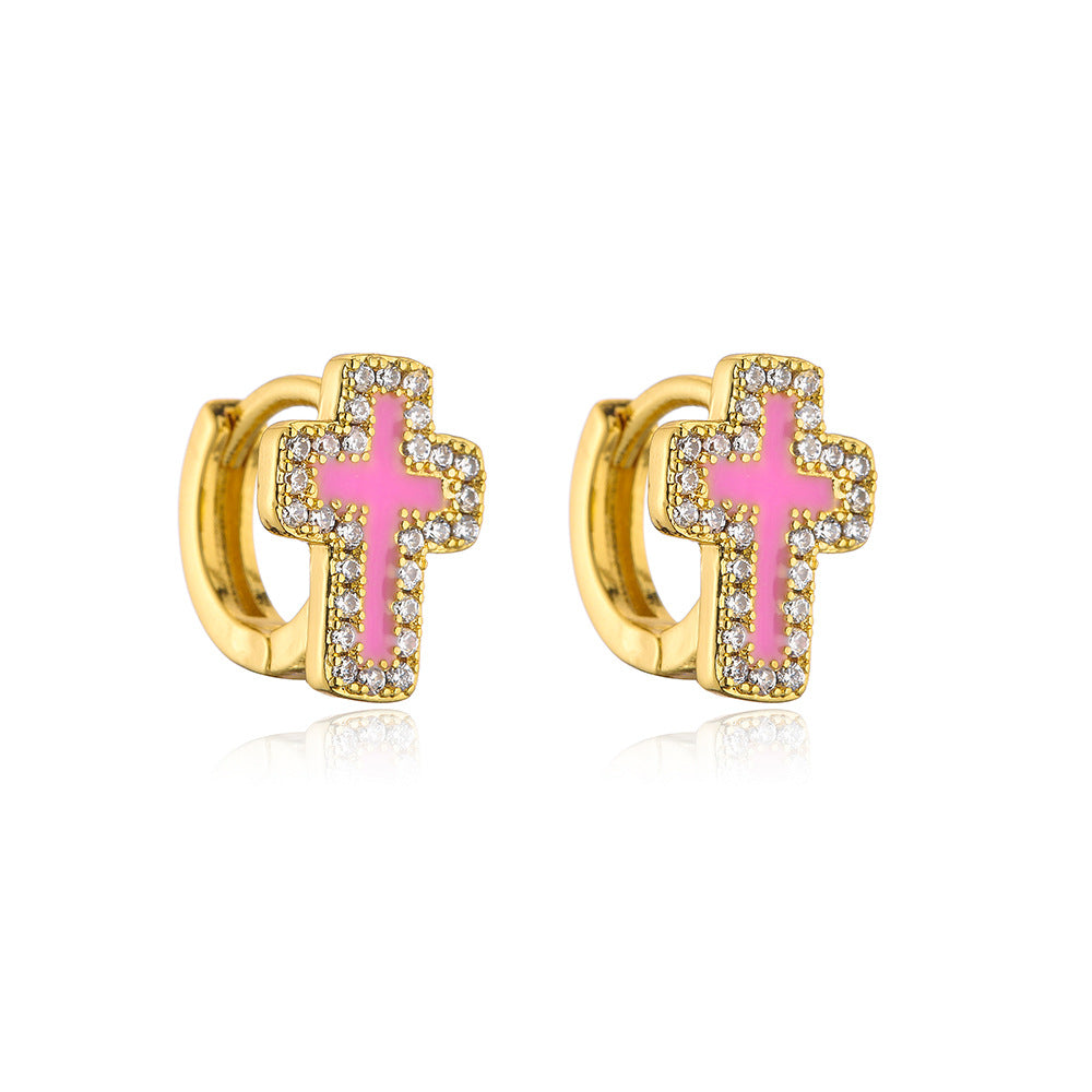 Orecchini geometrici minimalisti in rame placcati in oro 18 carati con smalto in zirconia micro-pavé