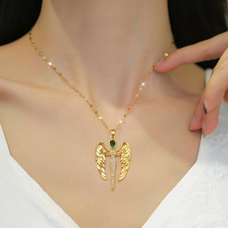 Collar colgante de ángel y demonio geométrico minimalista de acero de titanio con detalles de diamantes de imitación para mujeres y hombres