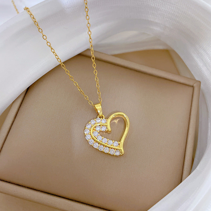 Collar minimalista de titanio con forma de corazón e incrustaciones de diamantes de imitación para mujer, cadena delicada de doble capa para clavícula