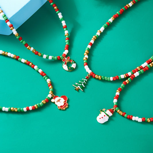 Fashionable Christmas Tree and Santa Pendant Necklace with Enamel Finish, Beaded Chain, for Women