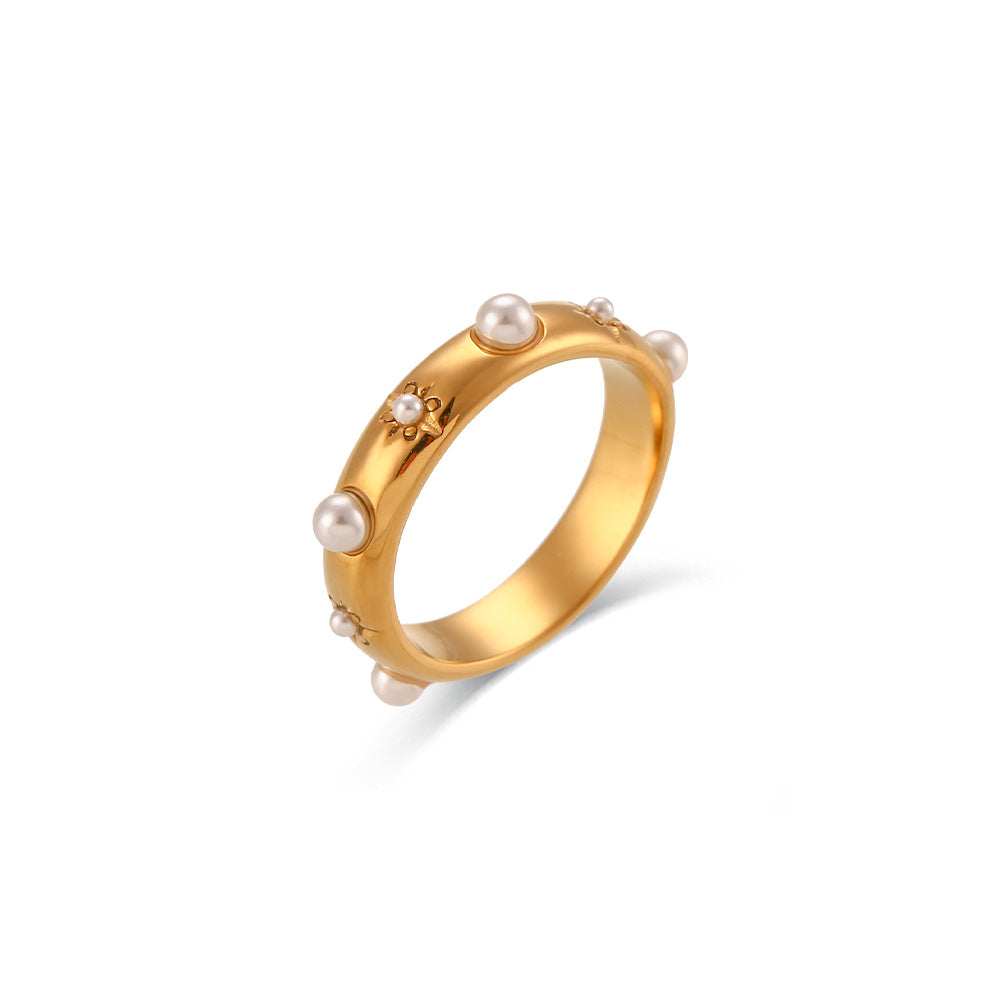 Minimalist Geometric Stainless Steel Ring with 18K Gold Plating and Clear Zirconia Floral Accent for Women