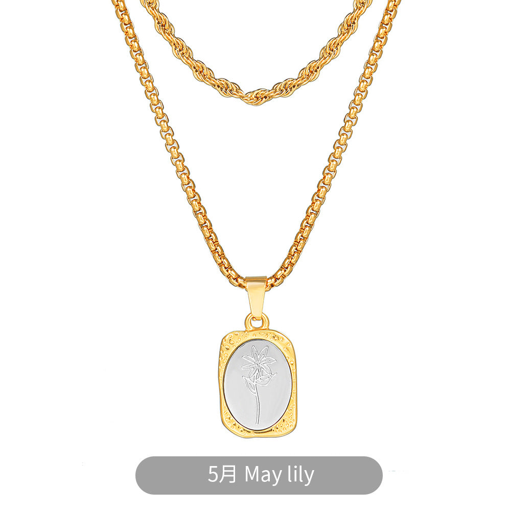 Vintage Two-Tone Gold and Silver Plated Stainless Steel Square Rose Pendant Necklace with Box Chain for Women