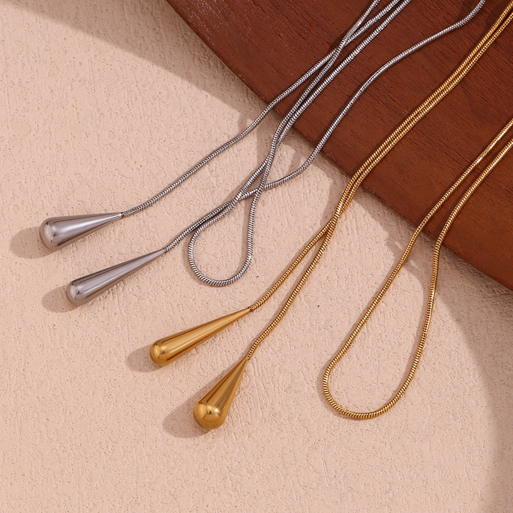 Minimalist Fashion Waterdrop-Shaped Stainless Steel Necklace with 18K Gold Plating for Women