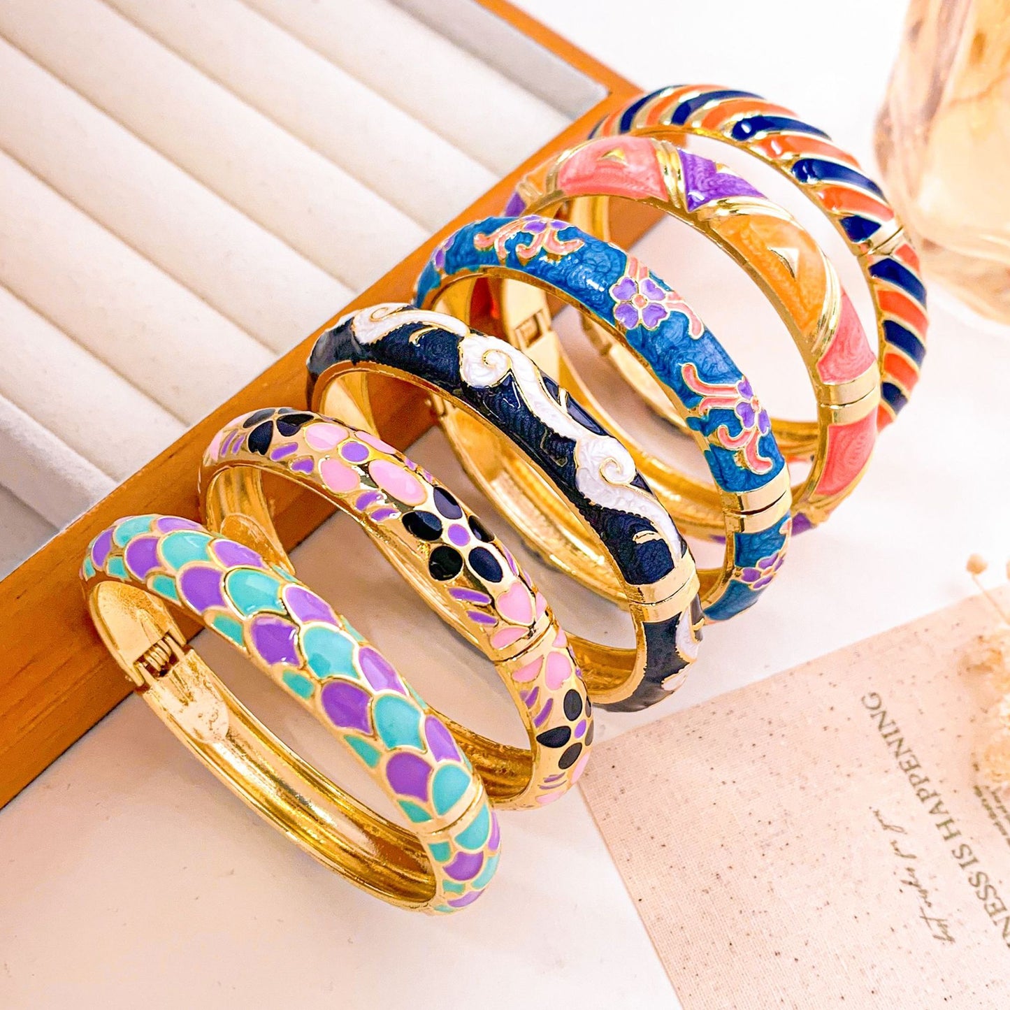 Vintage Elegant Floral Enamel Alloy Rhinestone Inlay Open Cuff Bracelet for Women