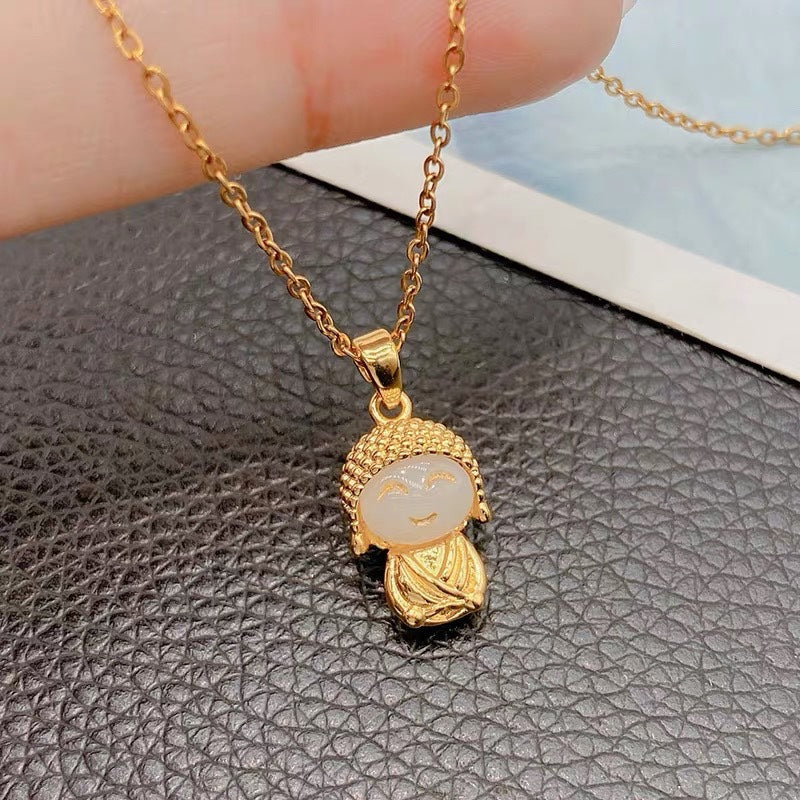 Minimalist Smiley Buddha Pendant Necklace for Women and Men in Titanium Steel with Plated Finish, Lightweight Clavicle Chain