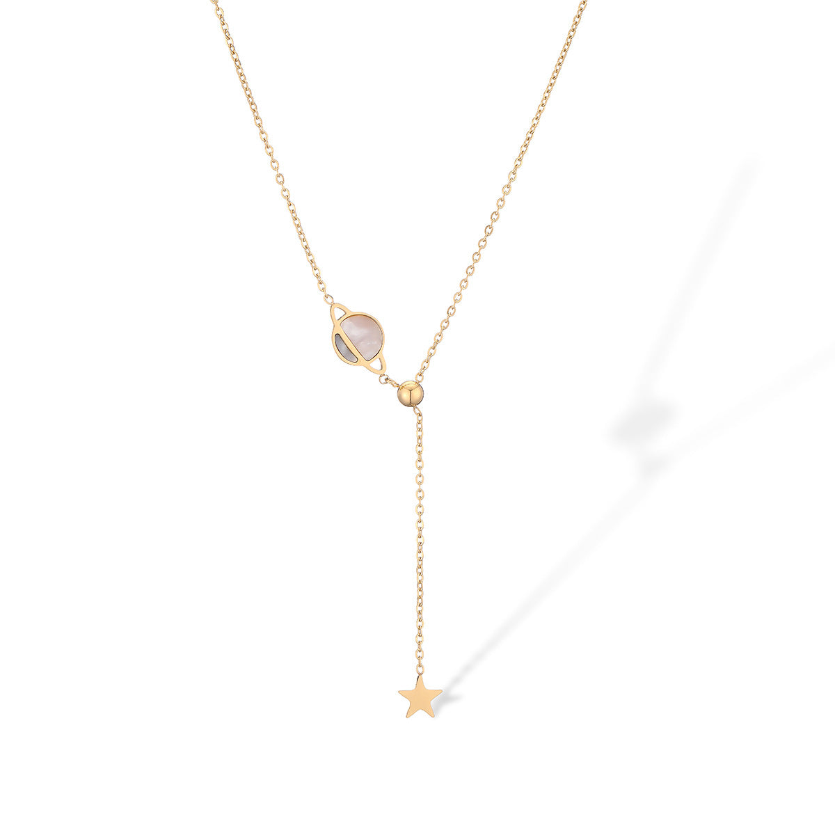 Minimalist Geometric Star and Moon Pendant Necklace for Women with Titanium Steel Chain and Genuine Gold Plating, Inlaid with Shell