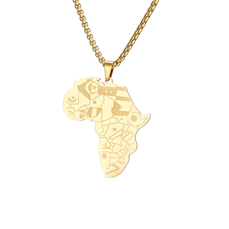 Collana con Ciondolo Mappa dell'Africa Placcato Oro in Acciaio al Titanio Stile Retro Hip-Hop con Ciondolo Elefante su Catena di Perle Quadrate per Unisex