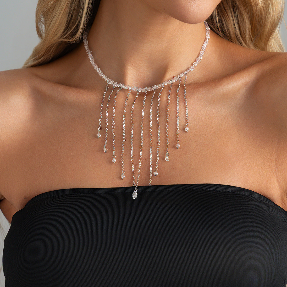 Minimalist Geometric Triangle Crystal Beaded Necklace with Iron Pendant and Tassel for Women Men