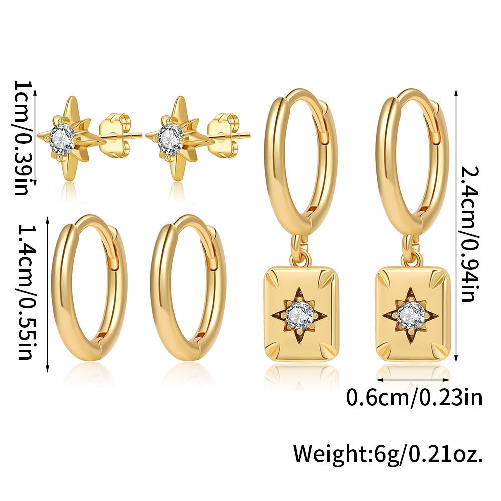 Gold Plated Brass Eight-Pointed Star Geometric Cubic Zirconia Hoop Earrings for Women