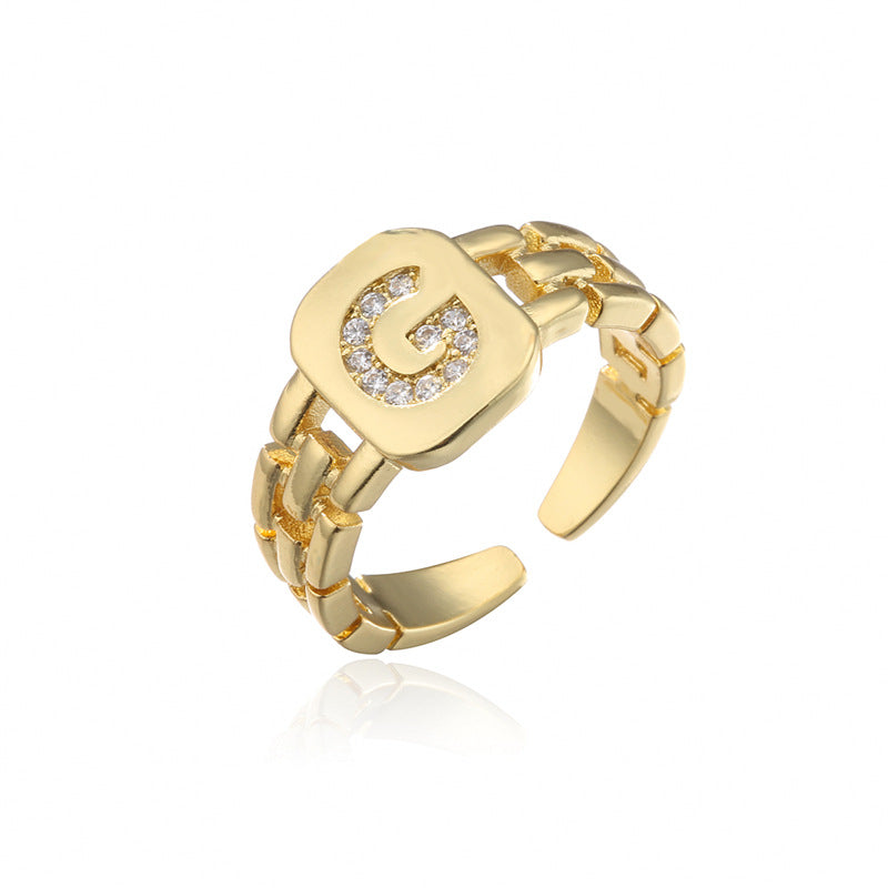Minimalist Letter Shape Copper Ring with Micro-Pavé Setting Adjustable Geometric Band