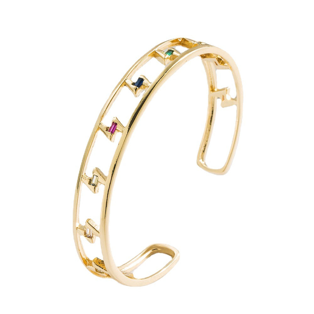 Minimalist Geometric Hollow-Out Cuff Bracelet for Women with Copper Base Plated in 18K Gold and Micro-Paved Zirconia