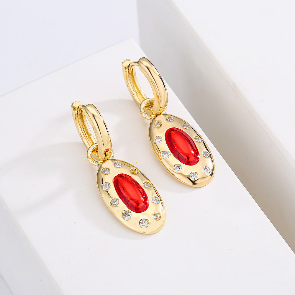 Minimalist Geometric Pendant Earrings in Copper with 18K Gold Plating and Enamel Finish, Micro-Paved Zirconia