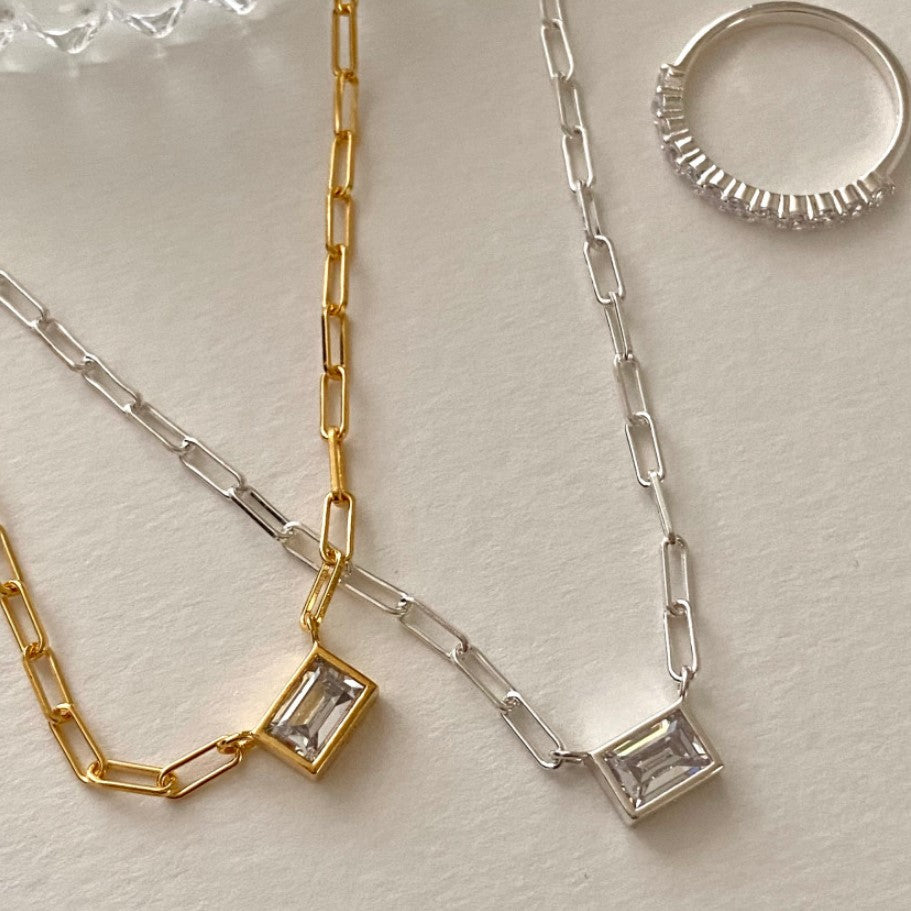 Minimalist Geometric Square Pendant Necklace for Women in 925 Sterling Silver with White Rhinestones