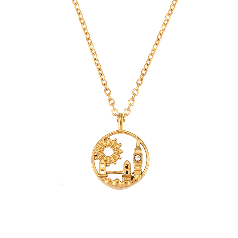 Collana con ciondolo geometrico rotondo minimalista da donna in acciaio inossidabile con finitura placcata