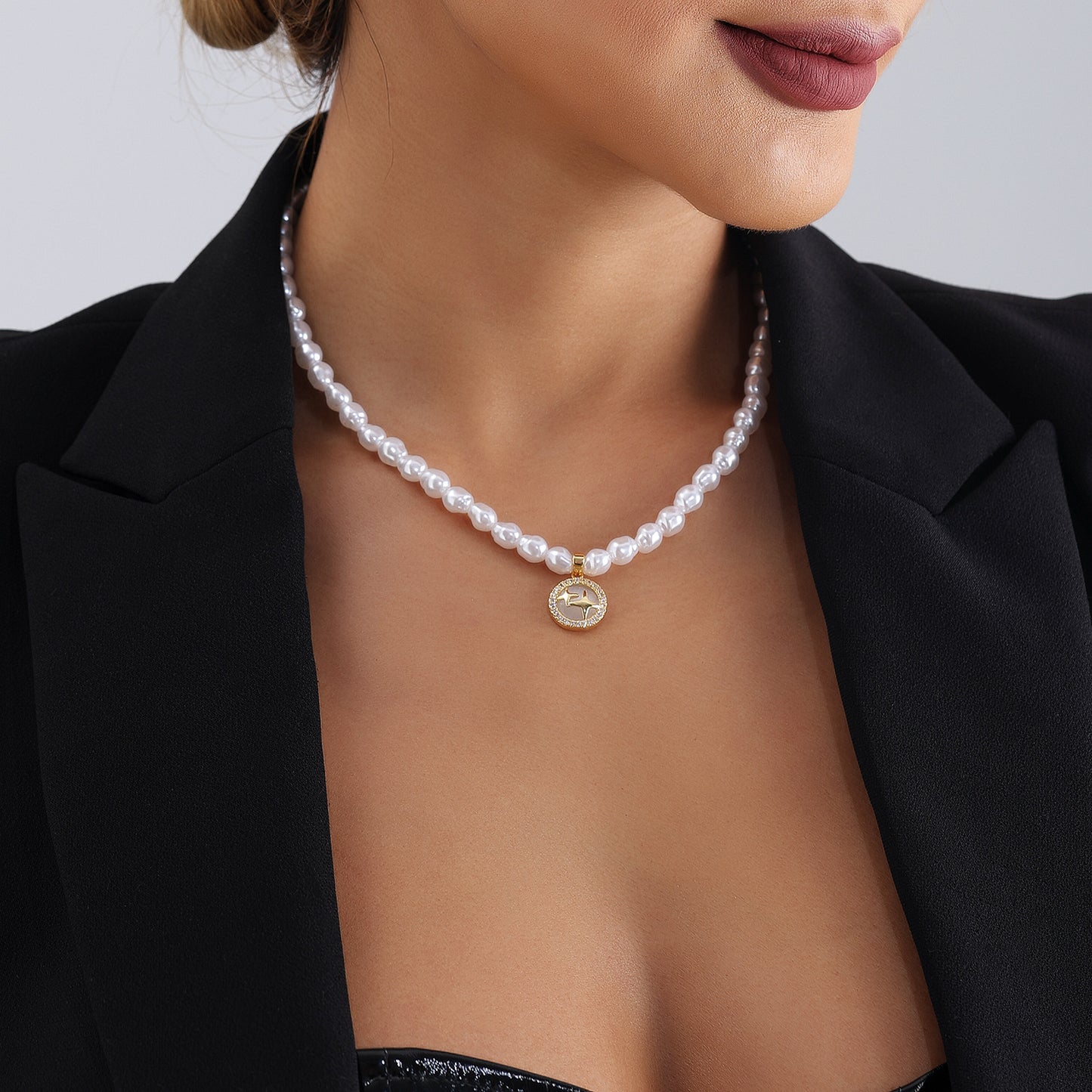 Minimalist Geometric Cross Star Pendant Necklace for Women with Electroplated Metal Chain and Simulated Pearl Beads