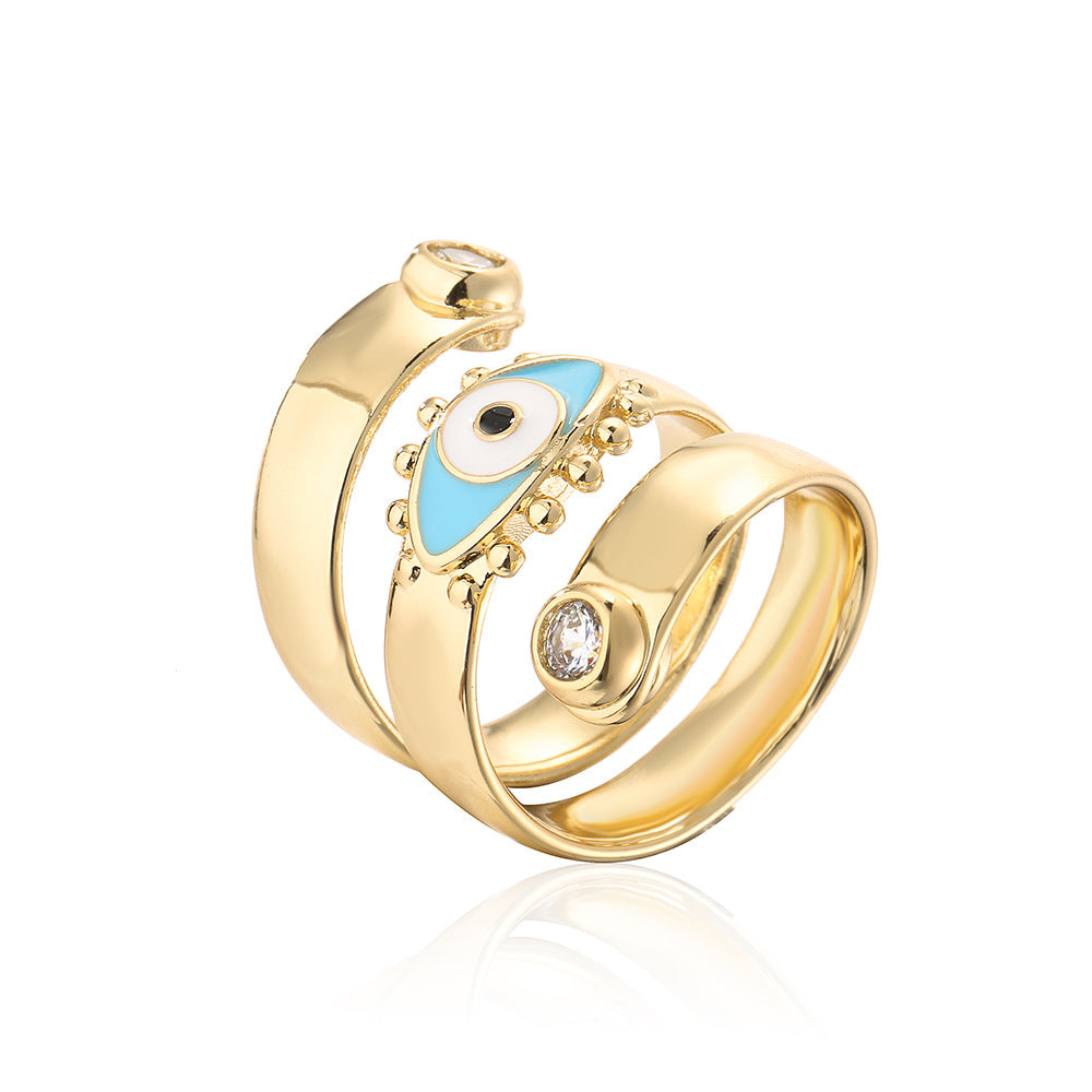 Anello Aperto Geometrico Minimalista da Donna con Base in Rame, Placcatura in Oro 18K e Smalto a Forma di Occhio di Allah