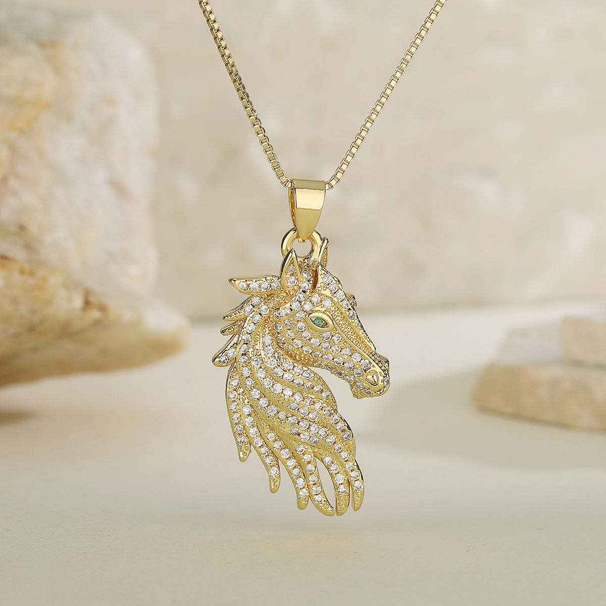 Minimalist Elegant Gold Plated Brass Horse Pendant Necklace with Cubic Zirconia for Women