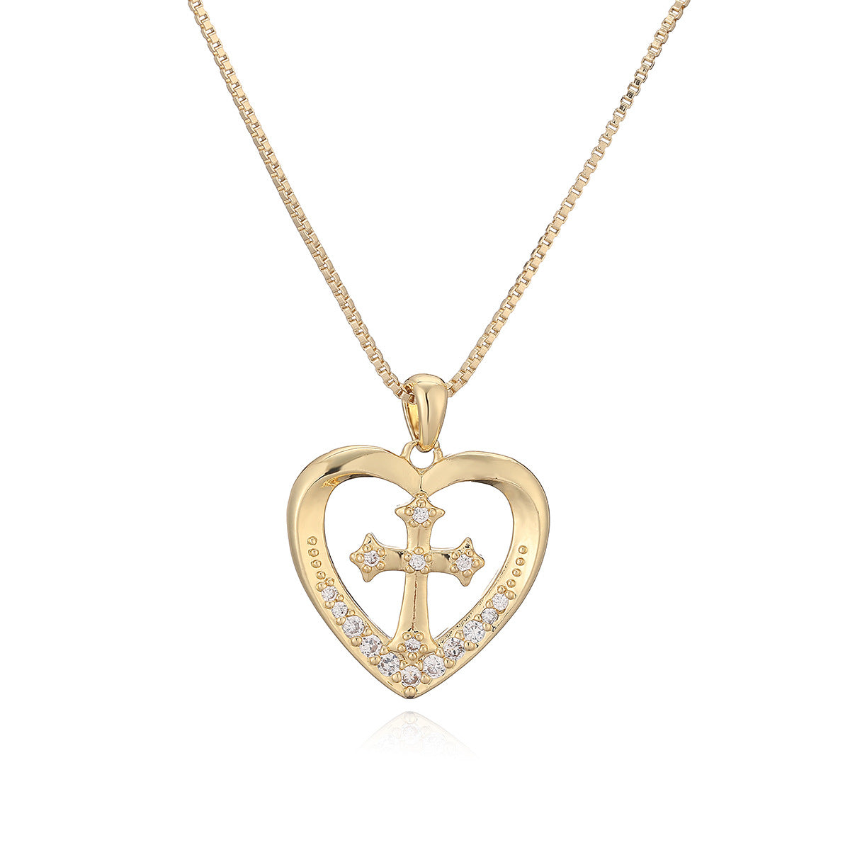 Minimalist Elegant Gold Plated Brass Cubic Zirconia Cross Heart Pendant Necklace for Women