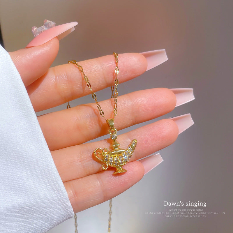 Exotic Style Geometric Lamp Pendant Necklace in Titanium Steel with Micro-Pave Zirconia and Gold-Plated Copper Charm