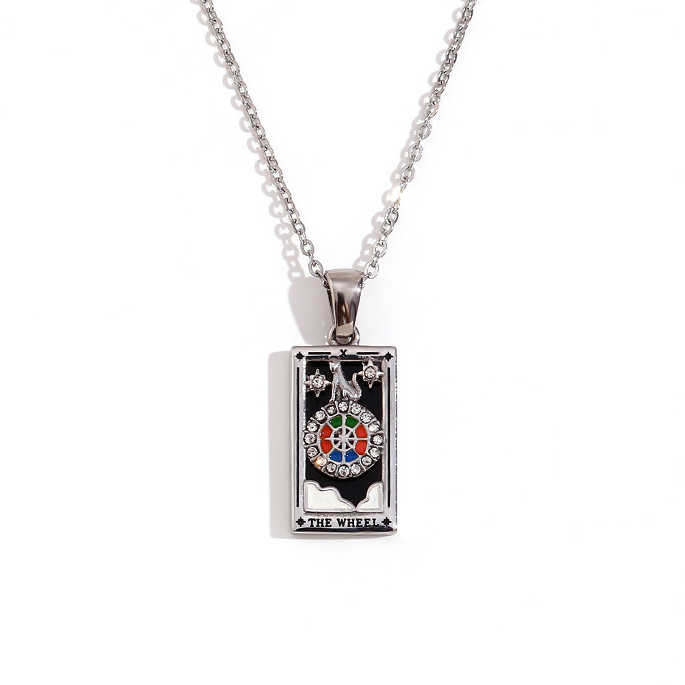 Vintage Tarot Card Pendant Necklace for Women Stainless Steel with 18K Gold Plating Geometric Four-Sided Design Fashion Office Style