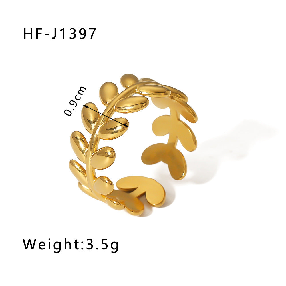Minimalist Instagram Style Geometric Hollow Leaf and Floral Titanium Steel Ring with 18K Gold Plating for Women