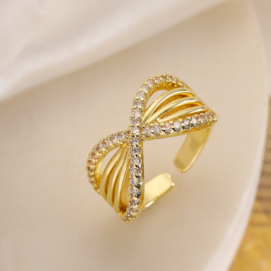 Anello aperto geometrico lussuoso minimalista da donna in ottone placcato oro vero con intarsio di zirconi