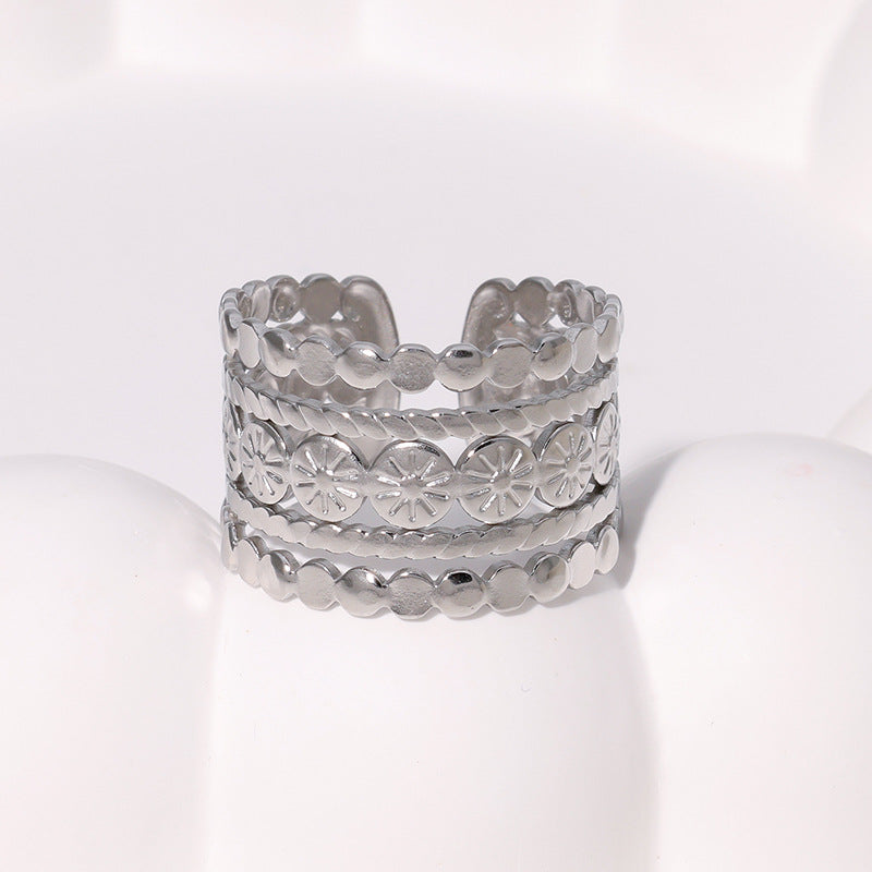 Vintage Geometric Stainless Steel Adjustable Ring for Women with Plated Finish, Hypoallergenic and Fade-Resistant
