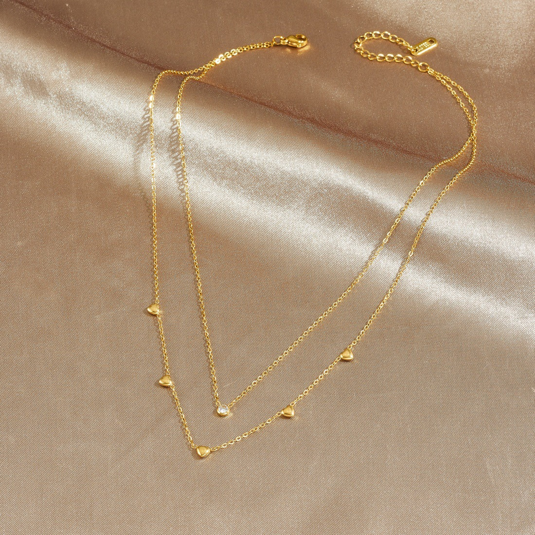 Minimalist Gold Plated Stainless Steel Heart Rhinestone Pendant Layered Necklace for Women