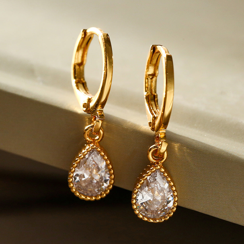 Minimalist Geometric Copper Earrings with Real Gold Plating and Zircon Waterdrop Accents for Women