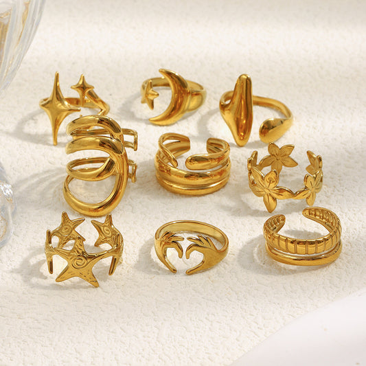 Anillo Corazón y Estrella Asimétrico Geométrico Minimalista de Acero Inoxidable con Baño de Oro de 18K para Mujer