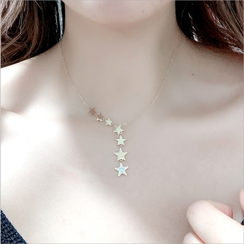 Minimalist Star-Shaped Stainless Steel Pendant Necklace with Rhinestone Inlay and Tassel Detail for Women