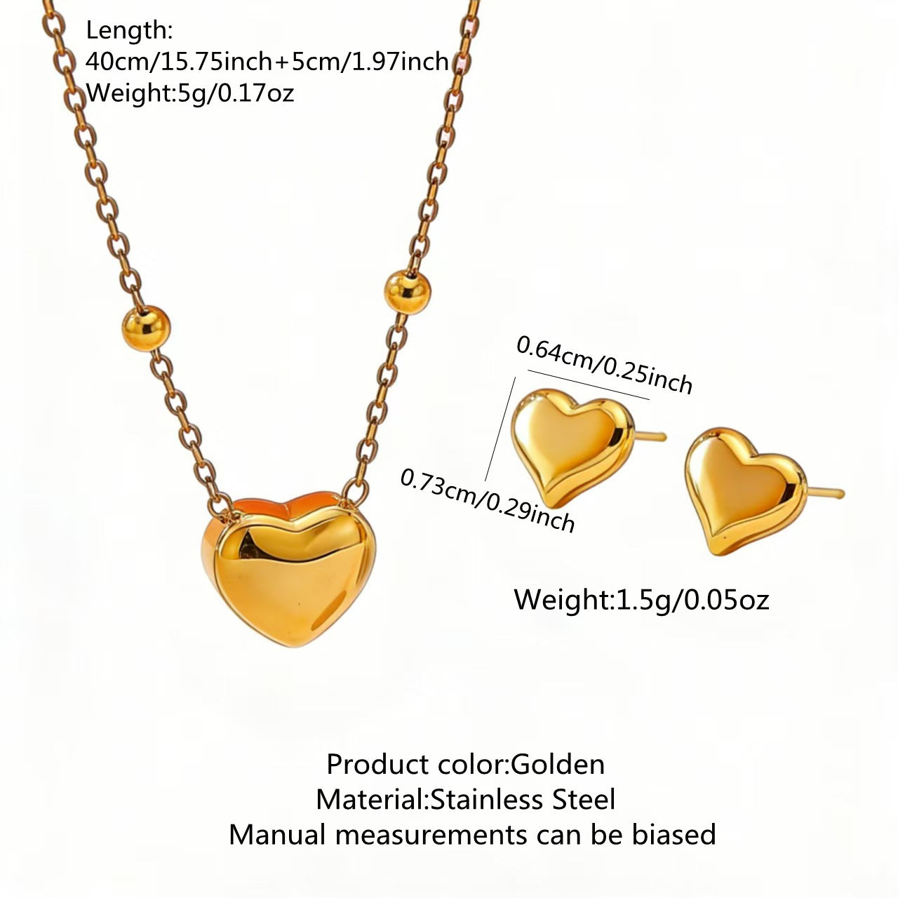 Minimalist Elegant Heart Stainless Steel Gold Plated Necklace and Earring Set for Women