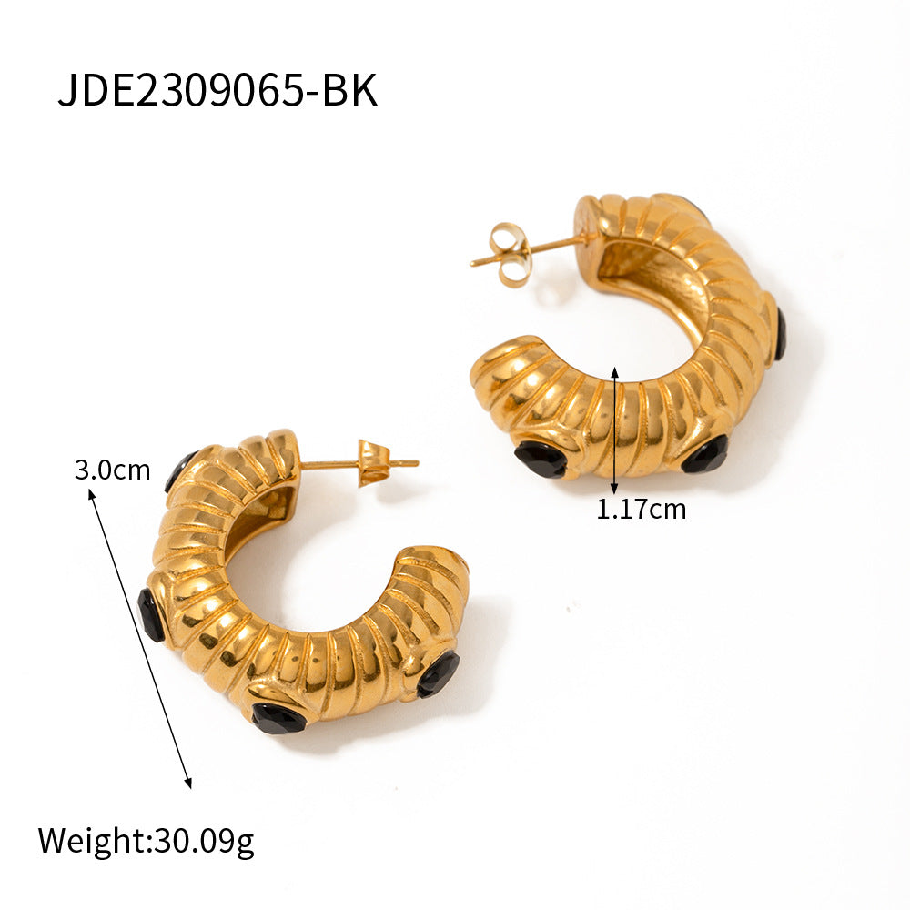 Geometric Black Zircon Snake Chain Earrings in Stainless Steel with Rhinestone Inlay and Matte Bread Texture Finish for Women