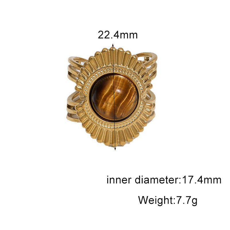 Vintage 18K Gold Plated Titanium Steel Open Ring with Tiger's Eye Inlay Round Oval Crown Design