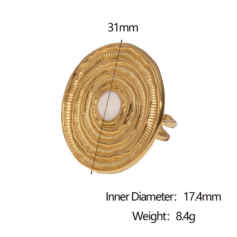 Anello aperto minimalista geometrico in acciaio inossidabile da donna con placcatura in oro 18K e design a disco testurizzato