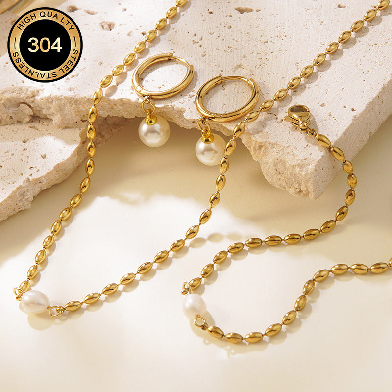 Elegante Set di Gioielli in Acciaio Inossidabile Placcato Oro 18K con Perle e Forme Geometriche da Donna