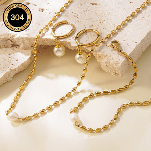 Elegante Set di Gioielli in Acciaio Inossidabile Placcato Oro 18K con Perle e Forme Geometriche da Donna