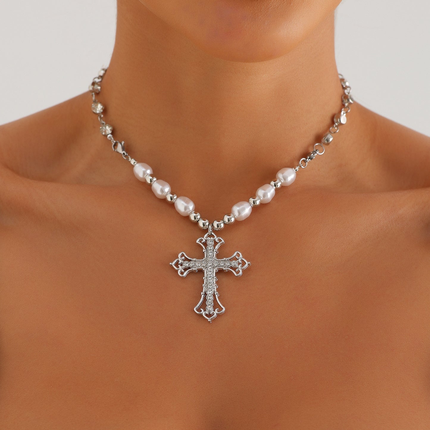 Vintage Geometric Cross Pendant Necklace for Women with Rhinestone Inlay and Gold Plated Metal Chain