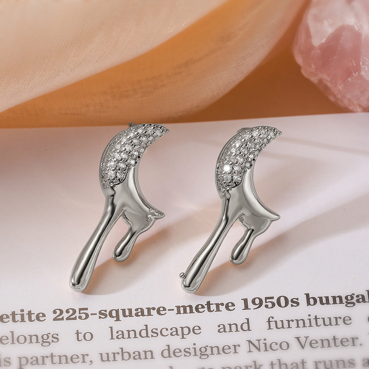 Minimalist Geometric Star and Moon Stud Earrings for Women in Brass with Real Gold Plating and Zircon Inlay