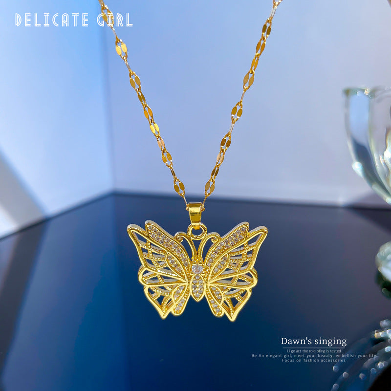 Handcrafted Titanium Steel Hollow Butterfly Pendant Necklace for Women with Micro Gold Inlay, Delicate Clavicle Chain Jewelry