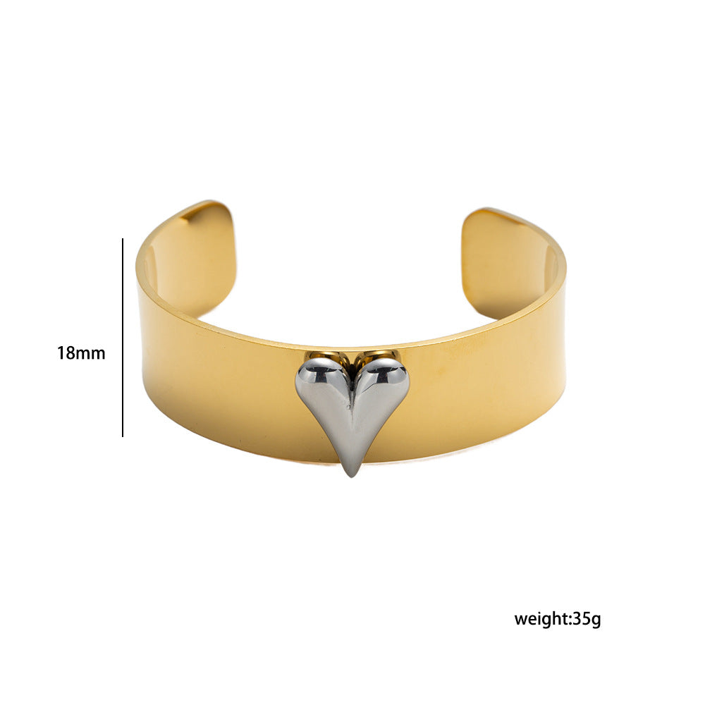 Minimalist Heart-Shaped Polished Titanium Steel Bracelet for Women with 18K Gold Plating