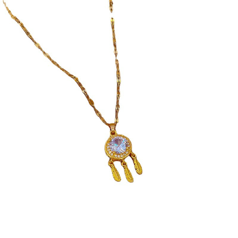 Ethnic-Inspired Feather Tassel Dreamcatcher Pendant Necklace in Titanium Steel with Zircon Inlay on Snake Chain for Women