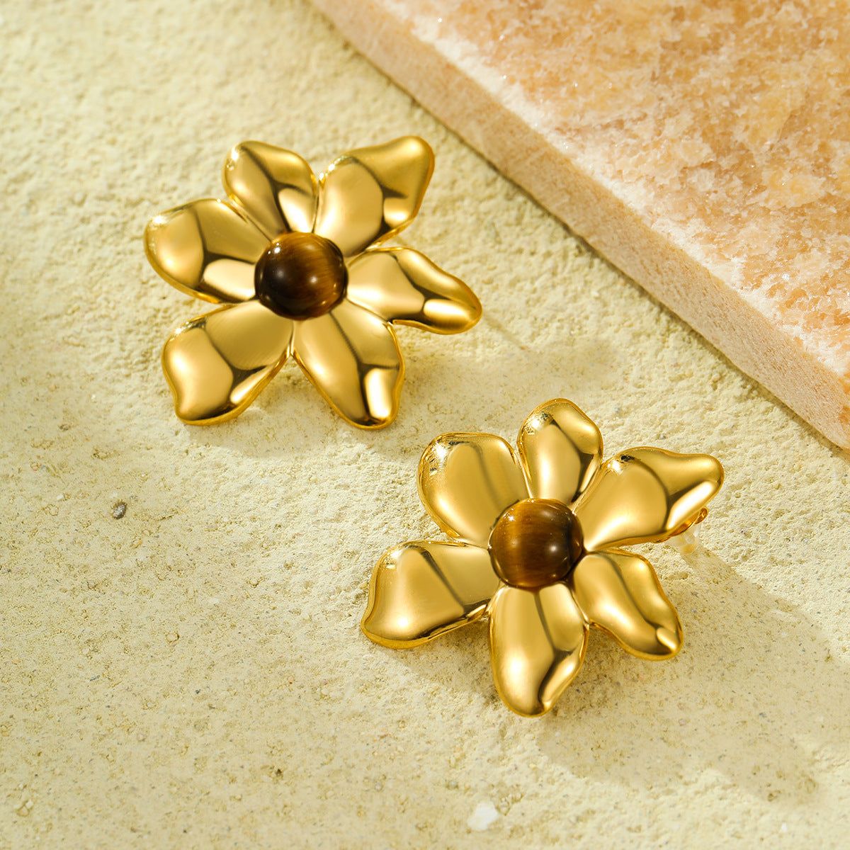 Orecchini da donna in acciaio inossidabile a forma di petalo irregolare, stile vintage, con placcatura in oro 18 carati e pietre colorate naturali