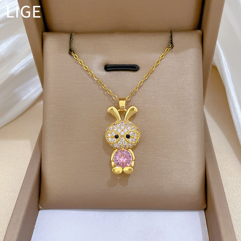 Sweet Luxury Cartoon Rabbit Geometric Rhinestone Pendant Titanium Steel Necklace for Unisex