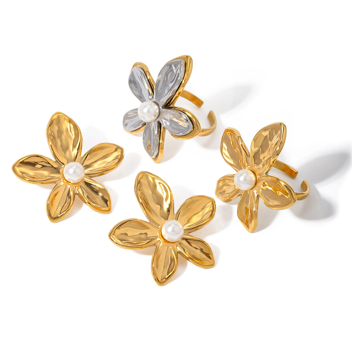 18K Gold Plated Stainless Steel Floral Pearl Stud Earrings for Women