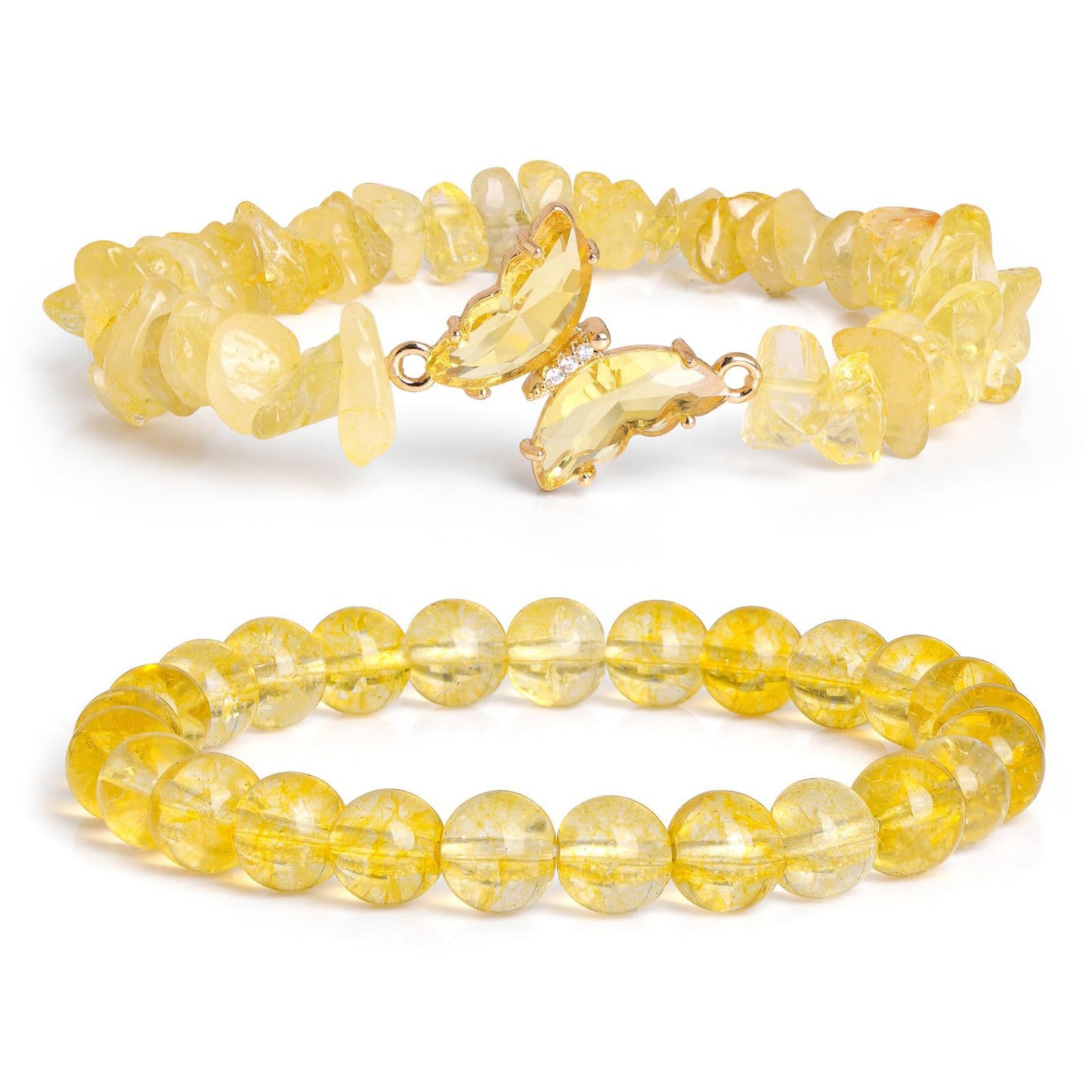 Minimalist Natural Amethyst and White Cat's Eye Crystal Chip Beaded Bracelet with Butterfly Charm for Women