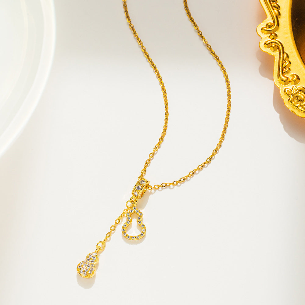 Minimalist Geometric Gourd Pendant Necklace in Titanium Steel with Rhinestone Inlay, Electroplated Round Bead Chain