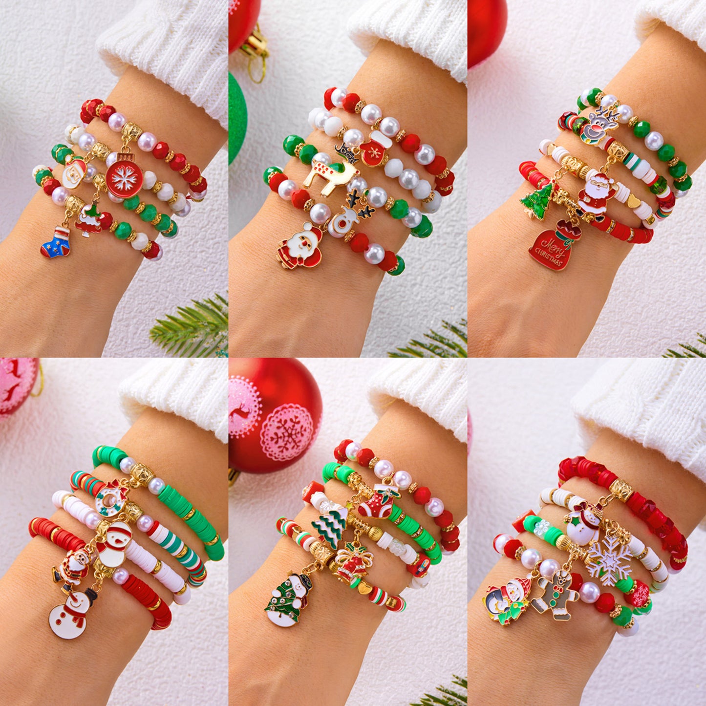 Colorful Woven Christmas Santa Claus Reindeer Glove Soft Pottery Charm Bracelet Set for Women