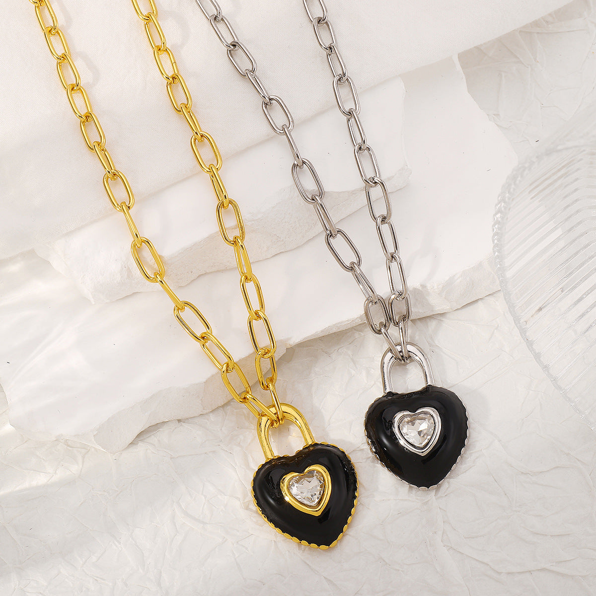 Vintage Black Heart Lock Pendant Necklace with Rhinestone Inlay in Alloy, Geometric Design, Plated Finish